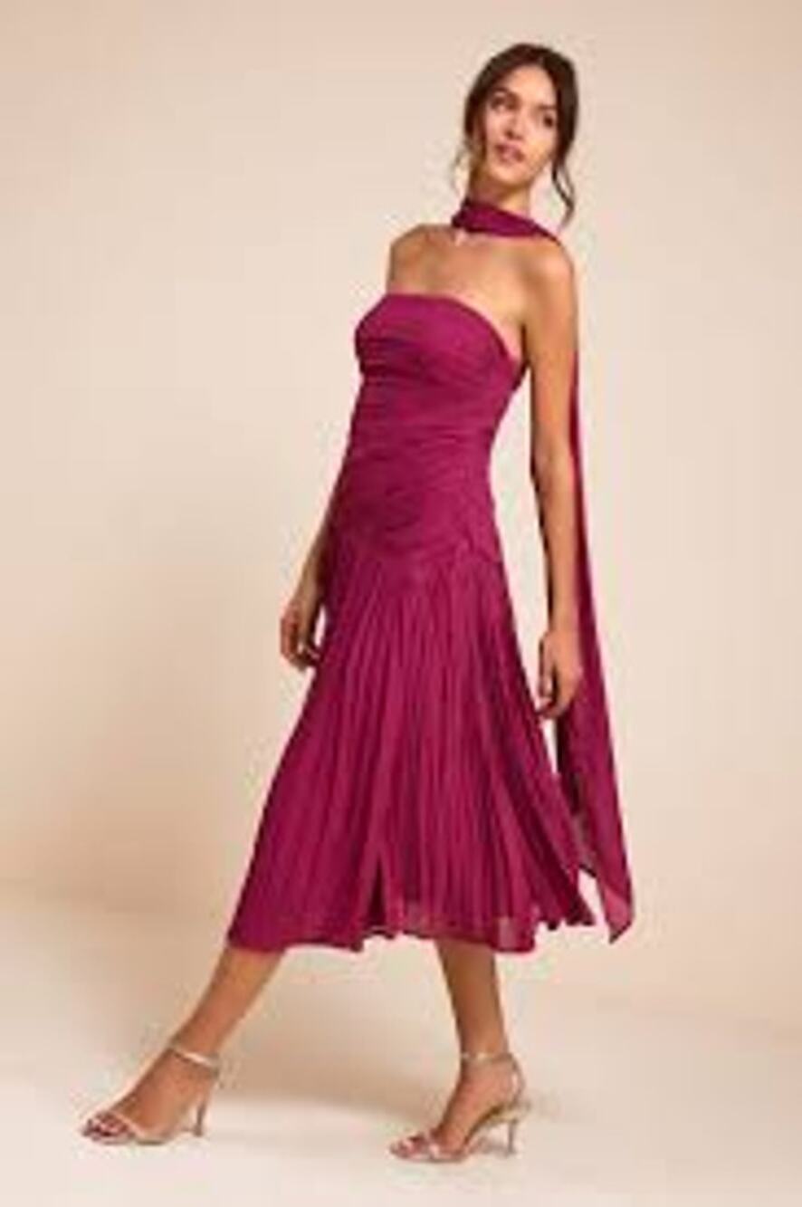 LULU'S Nellie Berry Pink Pleat Midi Dress NO SCARF Small S Strapless Drop Waist